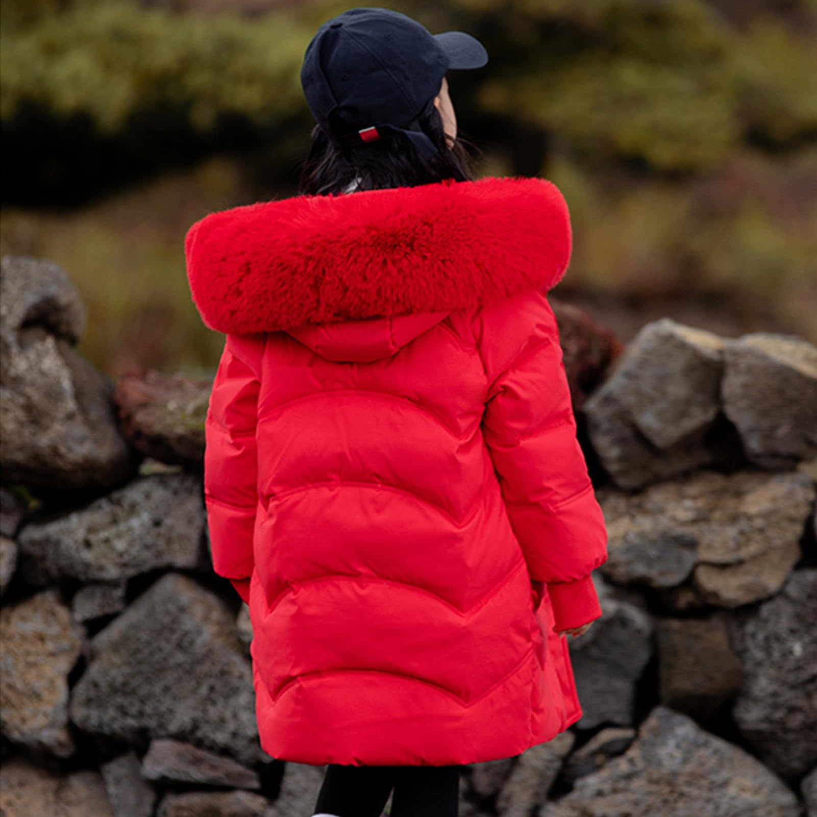 Piumino da bambina con cappuccio, giacca trapuntata ispessita e allungata, antivento, caldo parka invernale per attività all'aria aperta