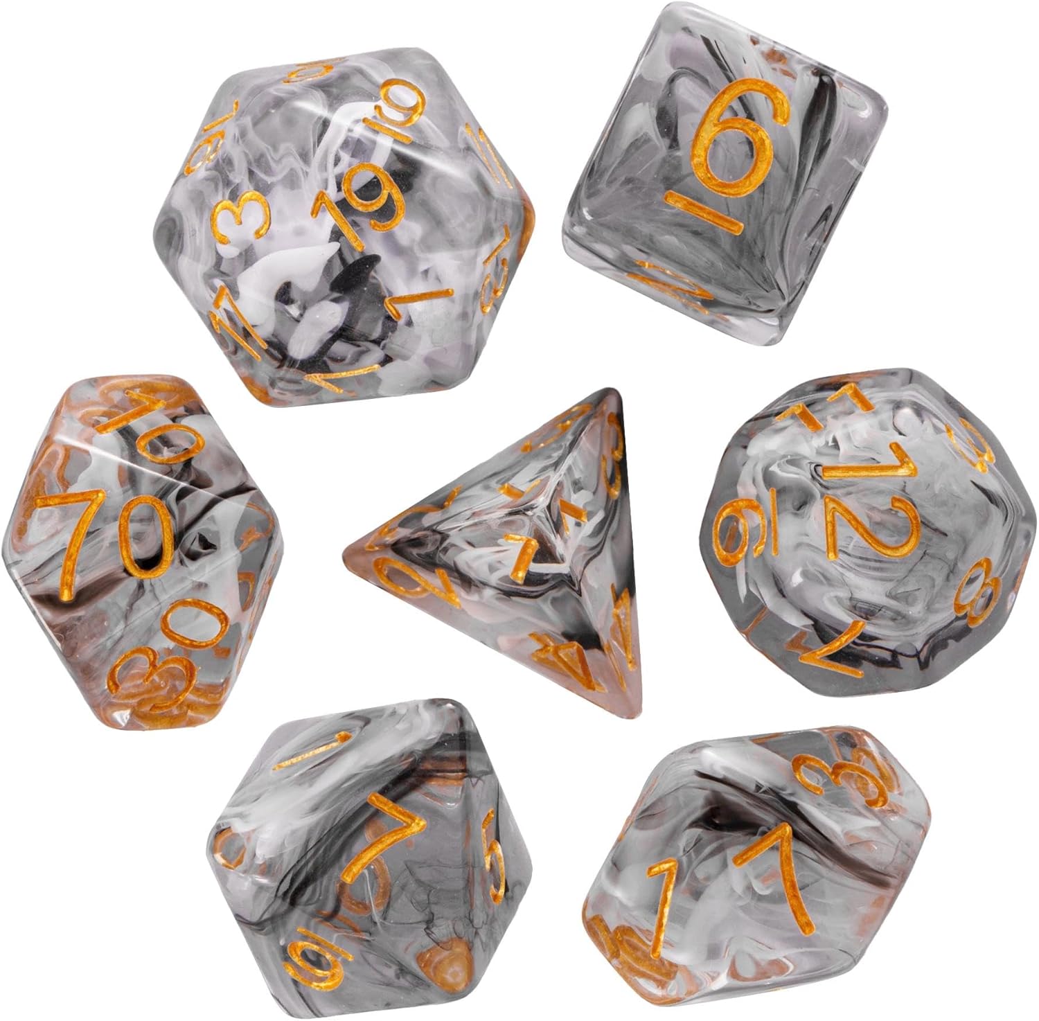 UDIXI DND Dice Set 7PCS Resin Polyhedral D&D Dice, Black & White Wispy Smoke Strands with Velvet Bag for Role Playing Games