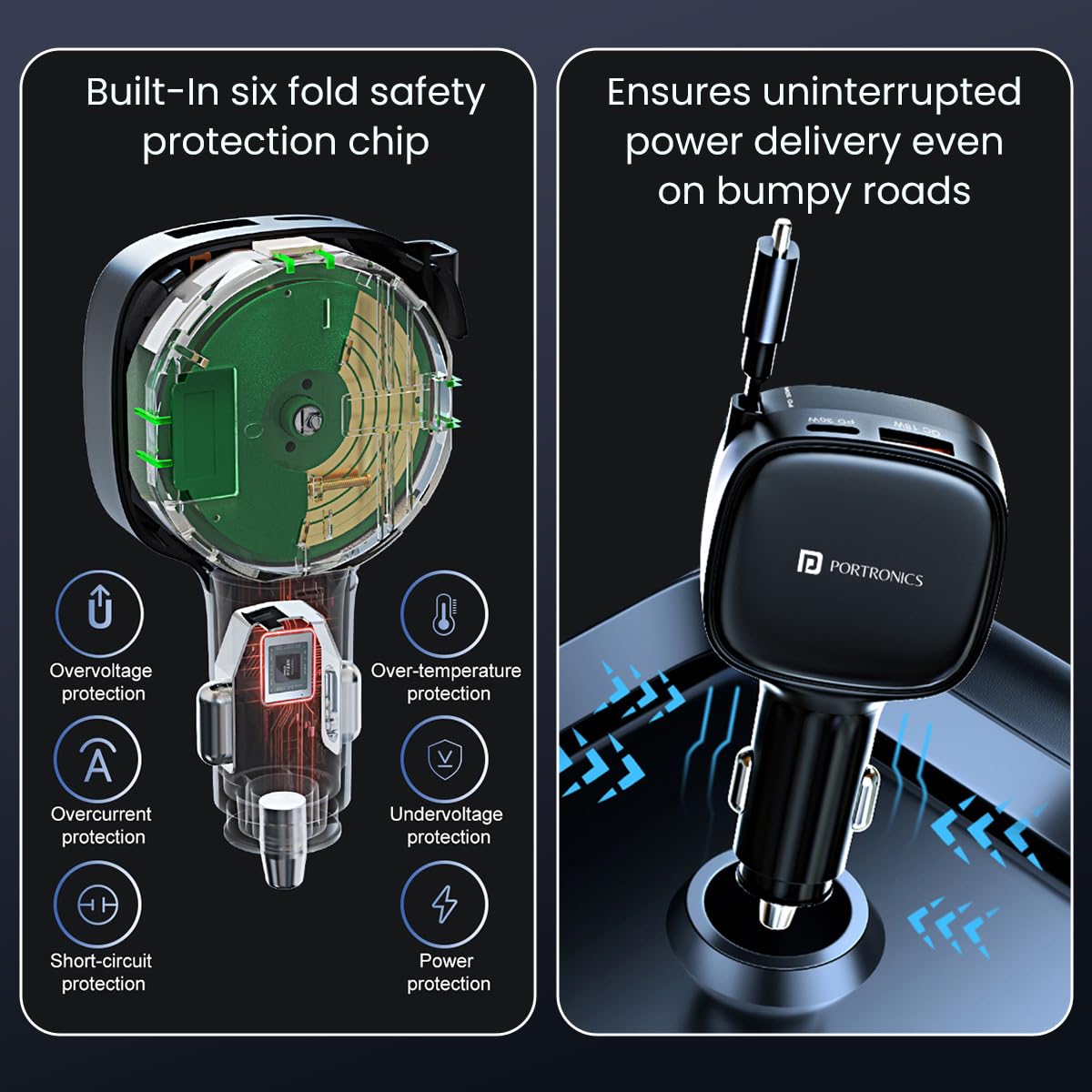 Portronics Car Power Retracto 84W 3 in 1 Car Charger, 80 cm Retractable Cable (33W Type-C PD), Dual Port (18W USB Type-A & 33W Type-C) for Laptop, Android, iPhone, Earbuds and More (Black) 4