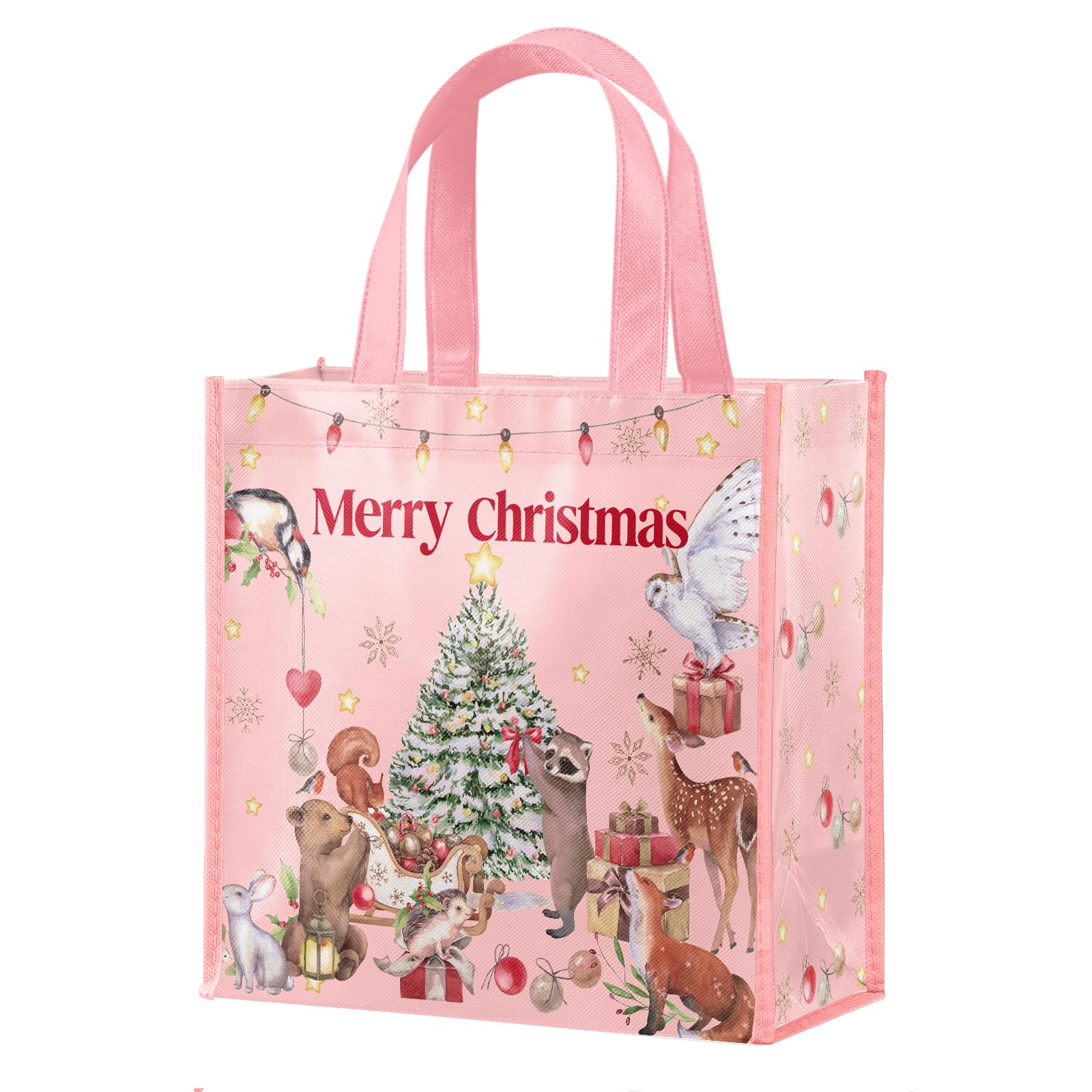 Loveinside Large Reusable Christmas Gift Bag with Handles - 10 x 5 x 10 Inch - Forest Animals Christmas Tree Gift Bag for Xmas Holiday, Winter Season, Party Gift Giving