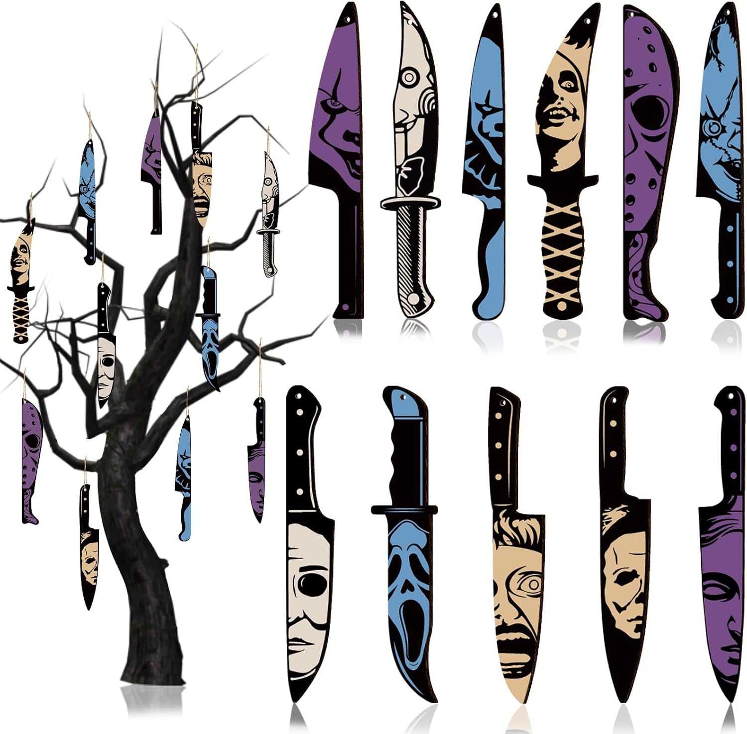 12pcs Horror Movie Decor Knife Hanging Halloween Tree Decorations - Wooden Halloween Ornaments Knife Shaped Pendants for Halloween Decorations Indoor Tree Window Wall Decor