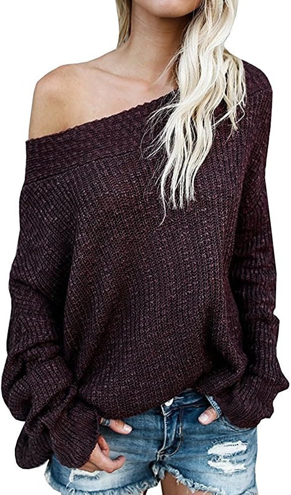 EXLURA Women's Off Shoulder Batwing Sleeve Loose Oversized Pullover Sweater Knit Jumper - Wine Red, 2XL/3XL (16/18)