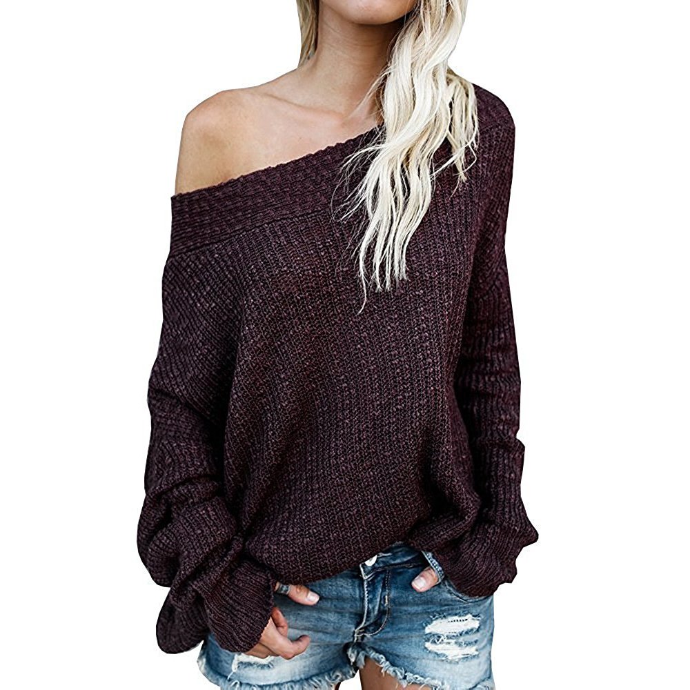 EXLURA Women's Off Shoulder Batwing Sleeve Loose Oversized Pullover Sweater Knit Jumper - Wine Red, 2XL/3XL (16/18)