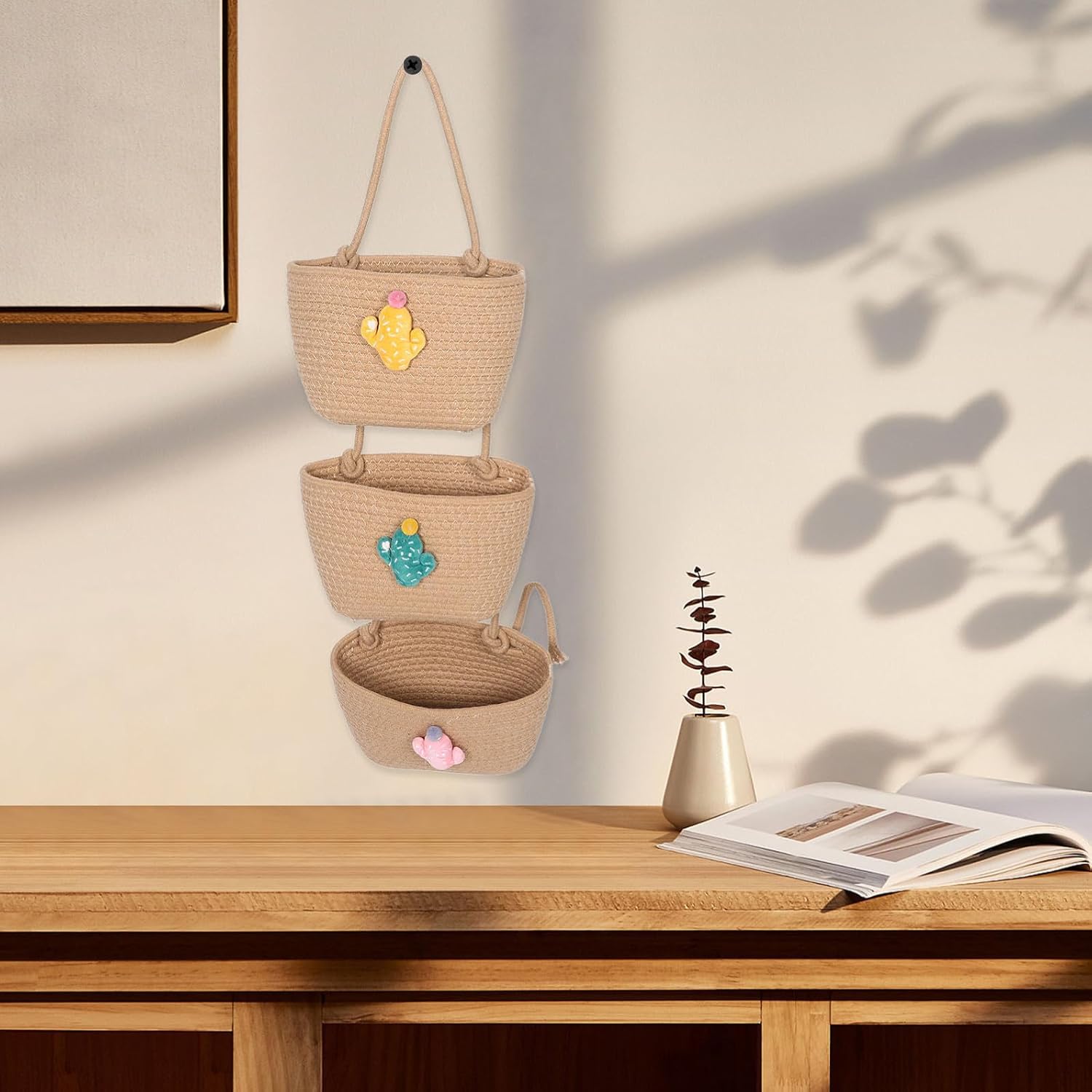 3-tier Hanging Storage Basket with Large Capacity Cotton Rope Boho Wall Mounted Organizer for Entryways and Home, Decorative Hanging Basket with Ample Storage Space