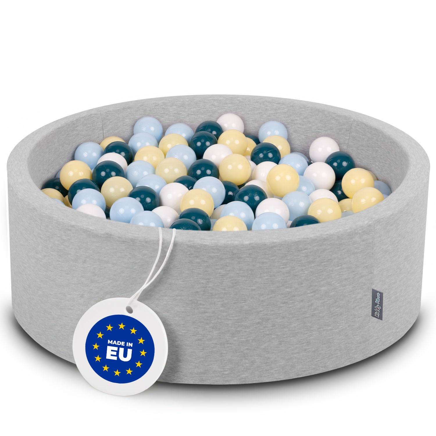 KiddyMoon 90X30cm/300 Balls ∅ 7Cm / 2.75In Baby Foam Ball Pit Made In EU, Light Grey:Dark Turquoise/Pastel Blue/Pastel Yellow/White — image 1