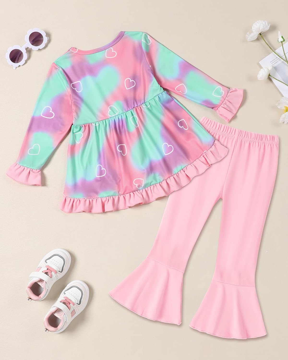 Toddler Girl Clothes Girls Fall Winter Outfits, Ruffle Long Sleeved Floral Shirts Top + Bell-Bottoms Flare Pants Set - Image 8
