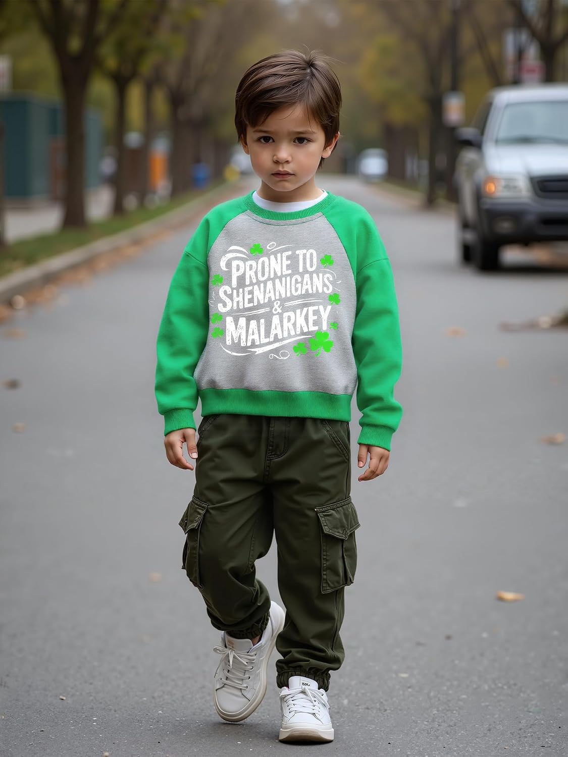 Kids St Patricks Day Sweatshirt Girls Boys Patrick's Shamrock Clover Monster Truck Tractor Toddler Shirt Long Sleeve