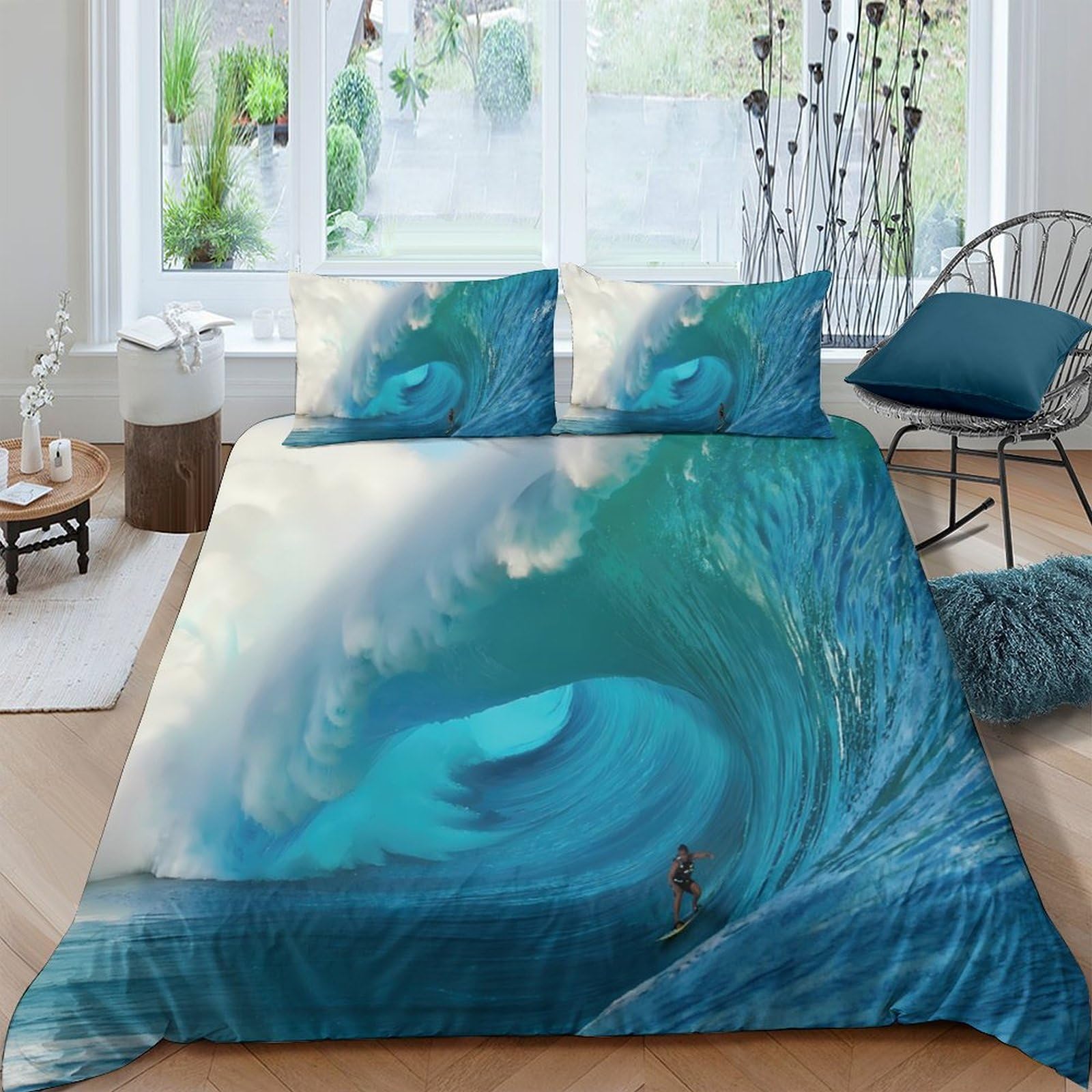 Ctjqhvkz Style-7 3D Printed Ocean Wave Fitted Sheet Microfiber Blue Surf Bed Cover For Bedroom Guest Room Mattress Protection Single（135X200cm）
