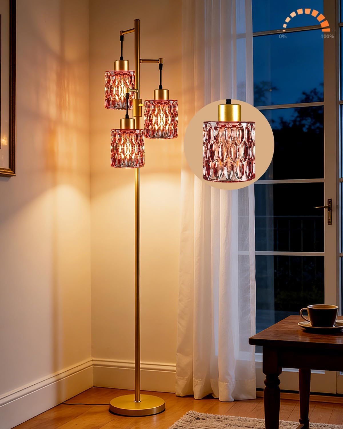 Lightdot 67" 3-Light Glass Floor Lamps for Living Room, Dimmable Floor Lamp with Rose Red Glass Shade& E12 Bulbs Included, Mid Century Standing Tall Lamp for Bedroom/Sofa Beside/Corner Decor-Gold