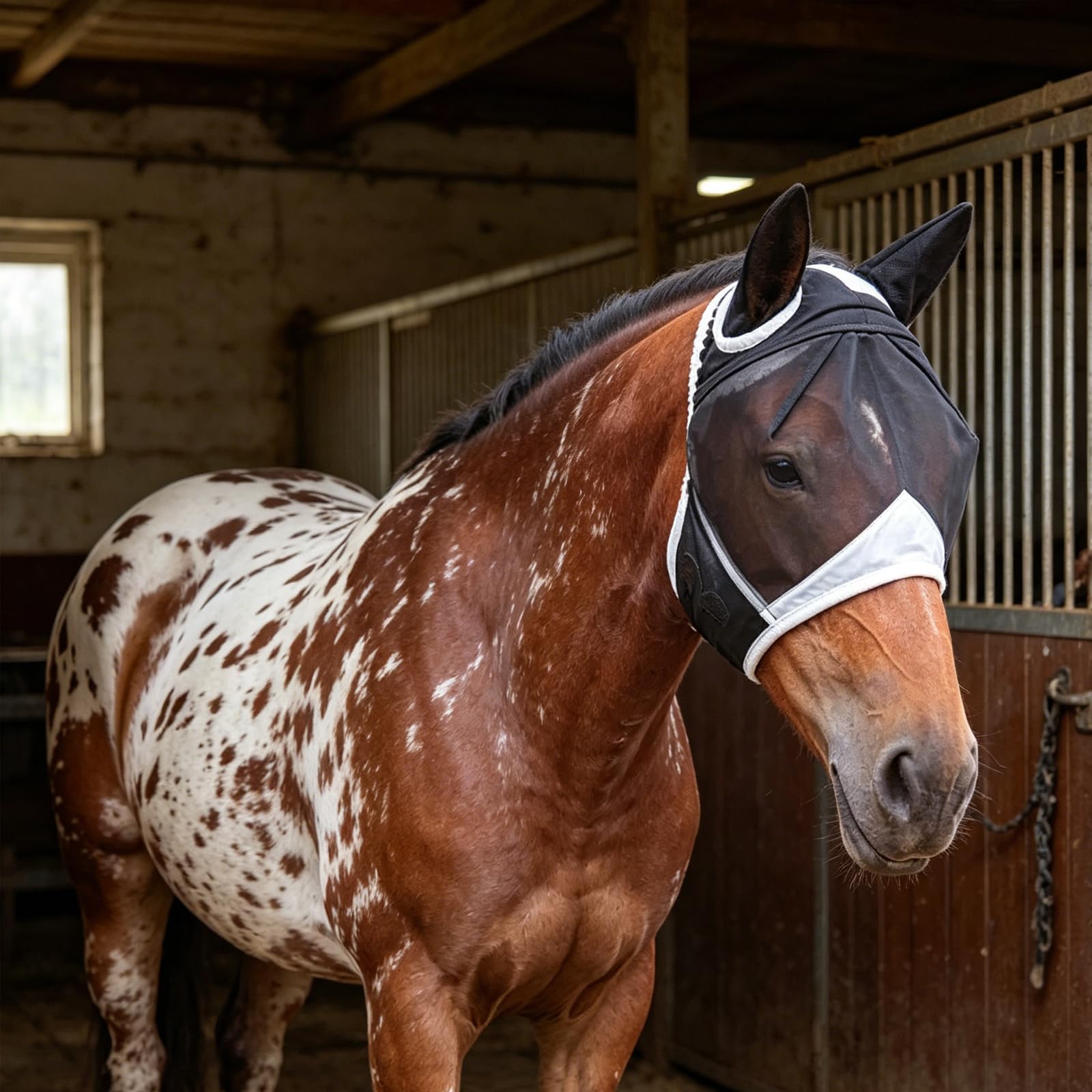 Máscara transpirable para moscas de caballo, máscara de mosca de caballo blanco y negro con orejas, tamaño ajustable (L)