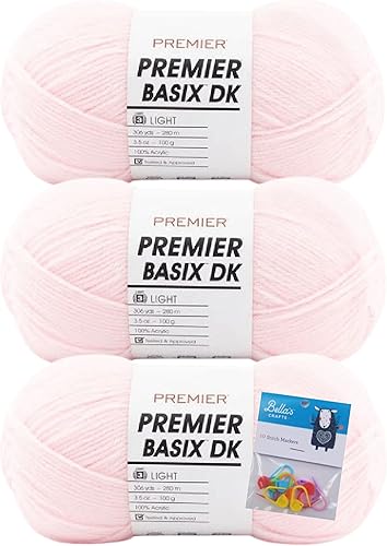 Premier Yarns - Ovillo de lana Basix DK, 3.5 onzas, peso ligero y DK #3, paquete de 3 unidades con marcadores de puntada Bella's Crafts (rosa paleta)