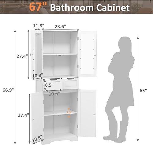 Miniatura 2 de Betterhood Armario de Almacenamiento de Baño de 67 Pulgadas de Alto, Gabinete de Ropa Blanca Independiente con Puertas de Vidrio y Estantes, Armario