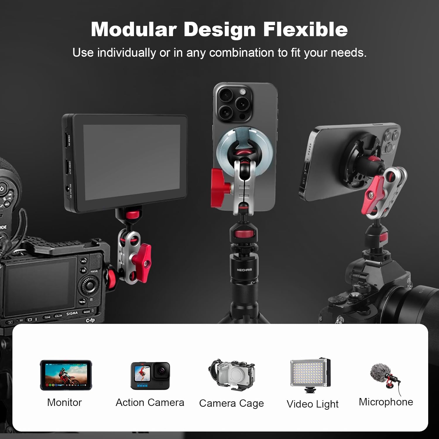 cametv Dual Magnetic Phone Holder with Dual Ball Head Magic Arm, Aluminum Gym Magnetic Phone Stand for Car/Gym/Tripod/Travel, Modular Car Phone Mount for iPhone Series/Magsafe Case (SY034) - Image 6