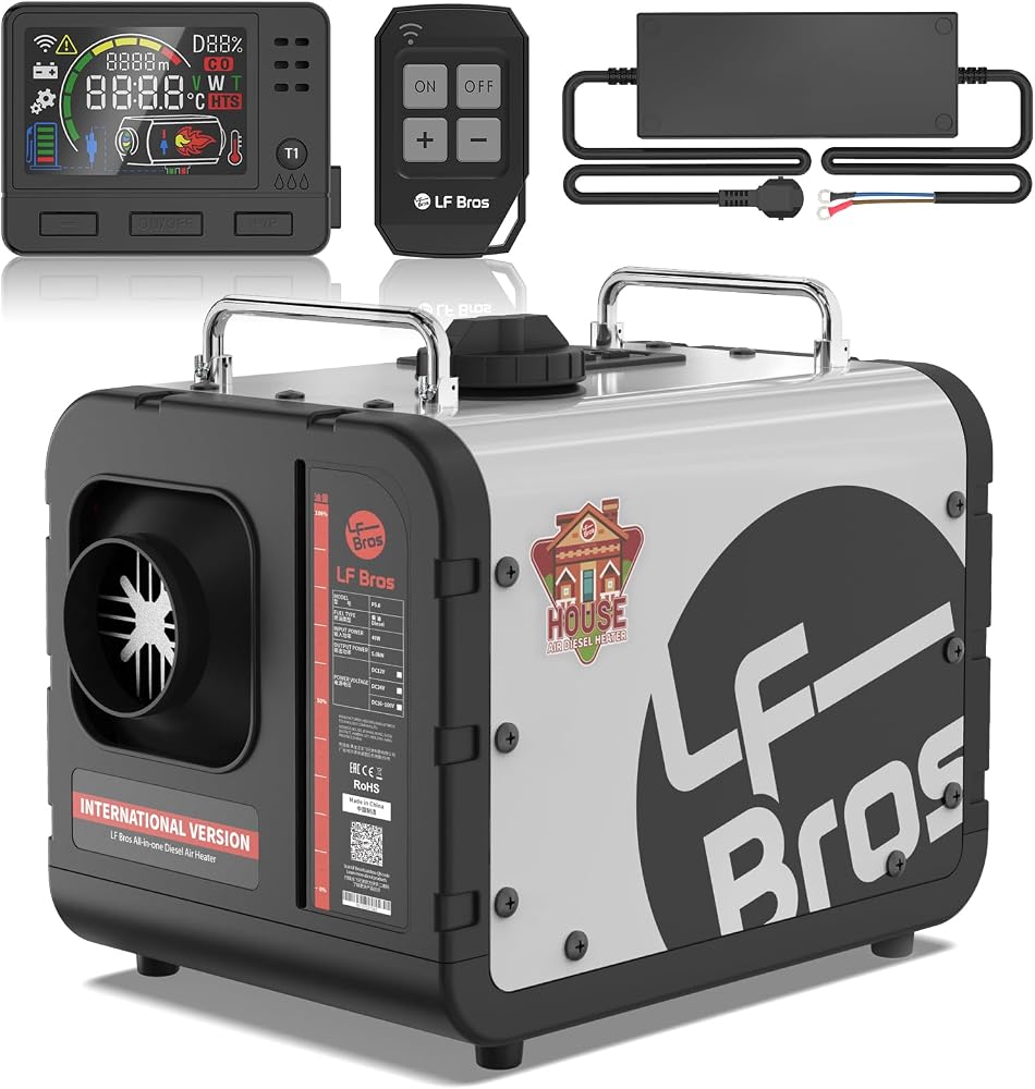 Amazon product image of LF Bros 5KW Diesel Heater, 12V/24V/110V Diesel Parking Air Heater | Remote Control, Foldable Handle, Fast Heating, Digital...