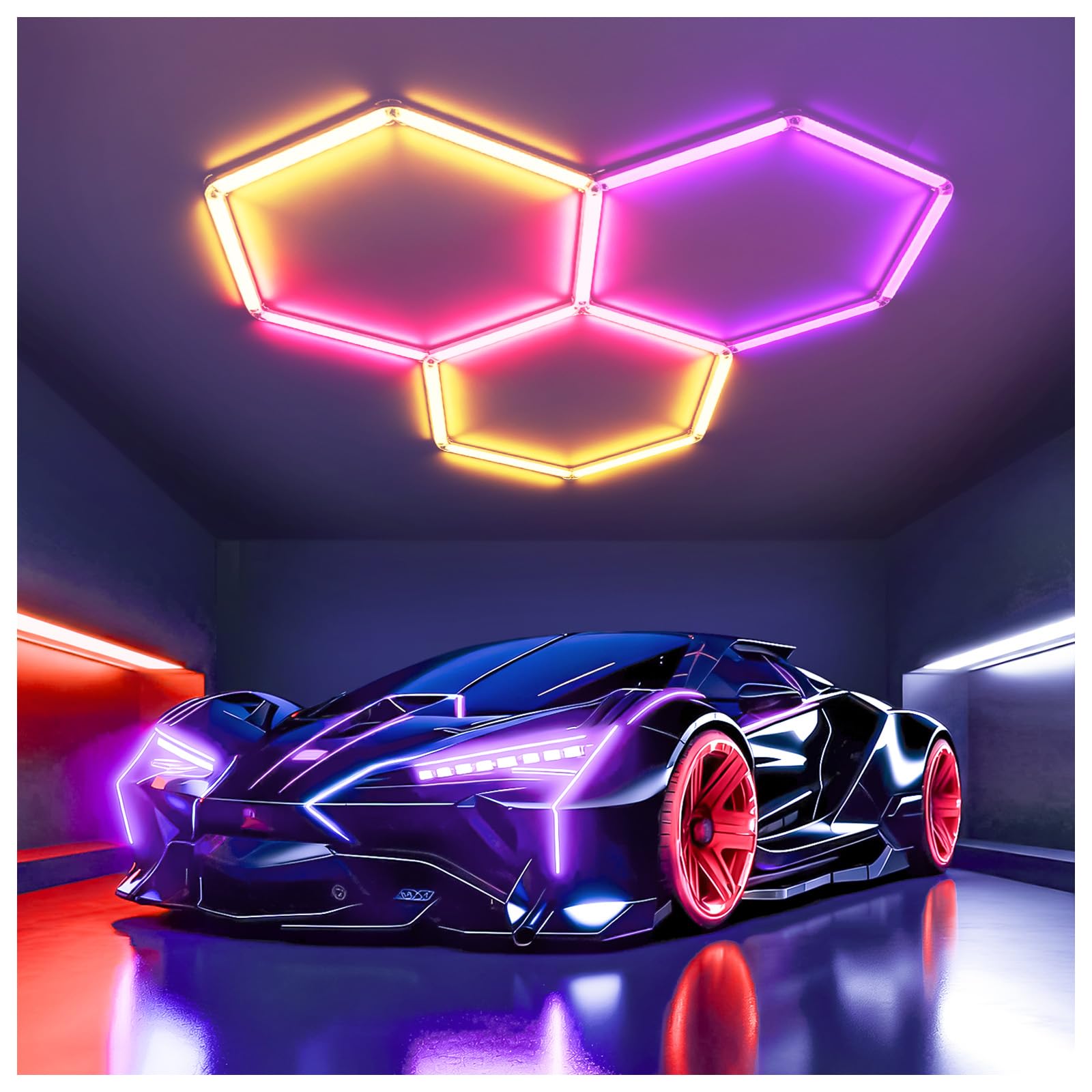 Illuminazione esagonale a LED RGB 3 Hex 144W luci soffitto esagonali | dimmerabili collegabili Luci esagonali RGB con telecomando/app per per sale palestra, bar, sala giochi, garage, seminterrato