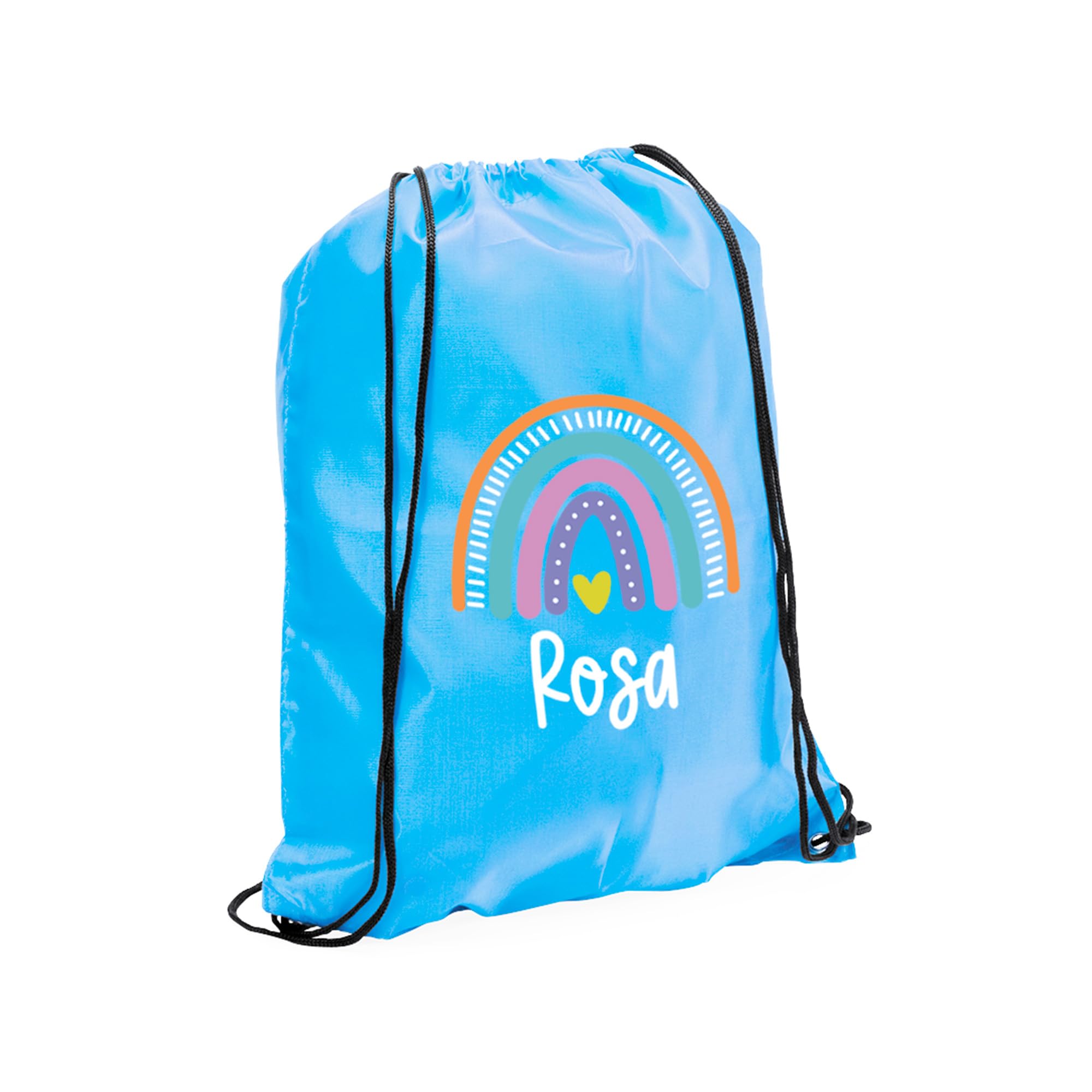 eBuyGB Personalised Rainbow Drawstring Bag, Childs PE Bag, Sports Day Bag, Girls Swimming Bag, Custom Name, Party Goodie Bag, Primary School PE Kit (Light Blue)