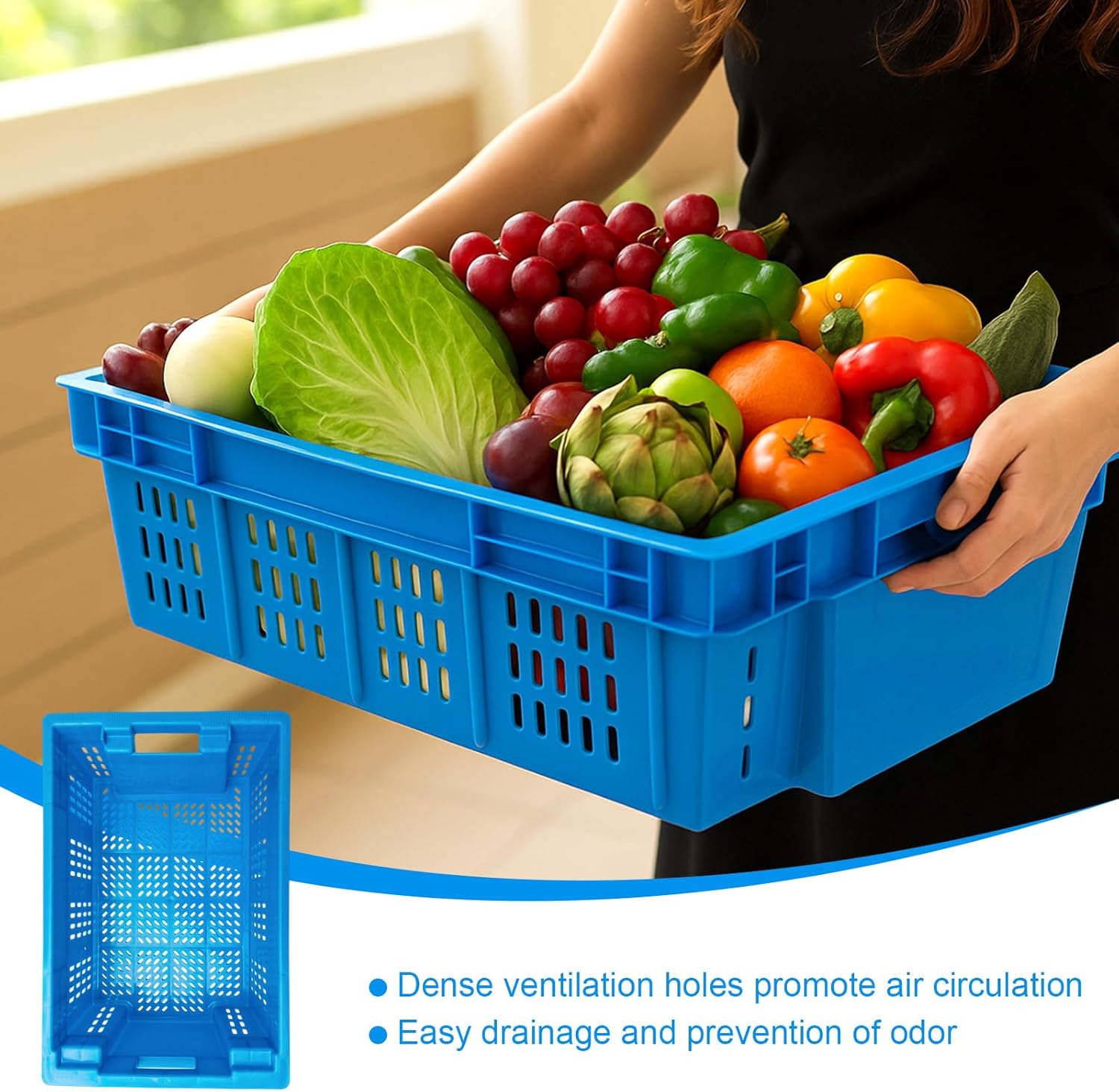 4 Pack Handled Storage Container Totes 23.6" x 16" x 8" Agricultural Nest and Stack Vented Crates Blue Milk Crates Boxes for Farmer Market Warehouse Retail Storage Logistics Transportation