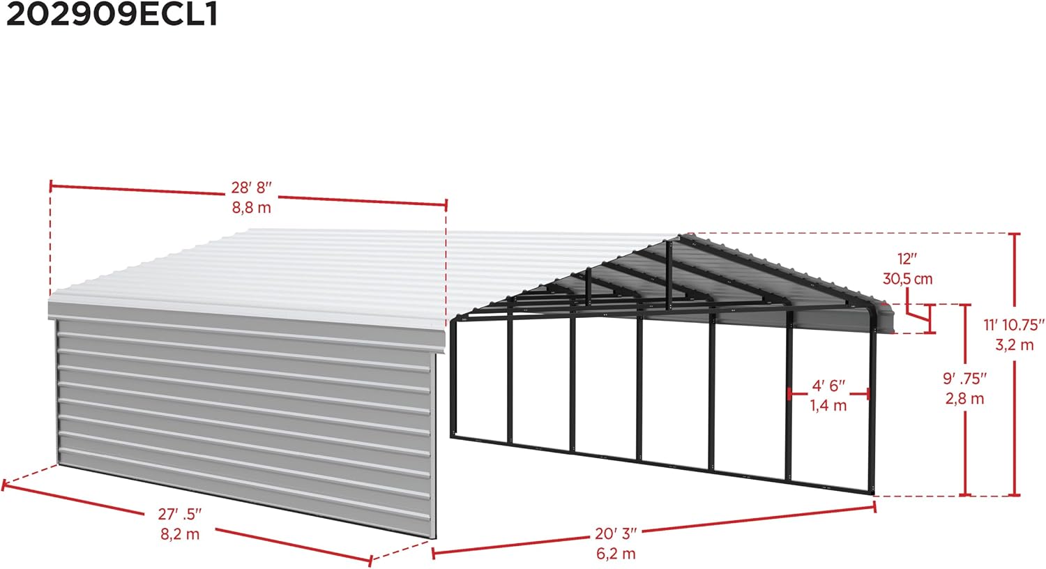 Arrow Carports Galvanized Steel Carport, with 1-Sided Enclosure, Compact Car Metal Carport Kit, 20' x 29' x 9", Eggshell