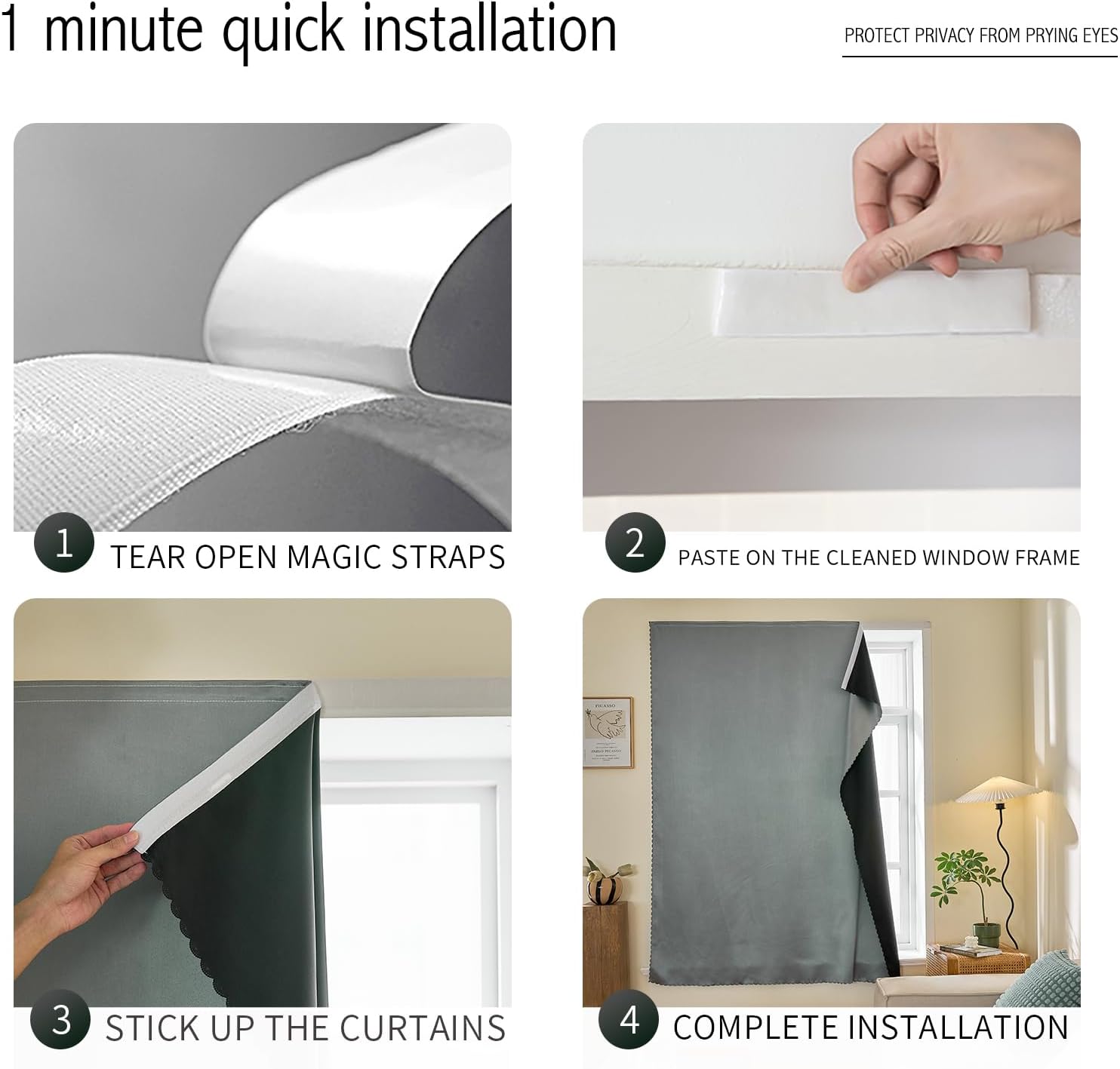 Magic Tape Stick on Portable Curtains for Windows,Bedroom Blackout Curtains for - Thermal Lnsulated No Drill Curtains Room Darkening Black Small Drapes(1 Panels,59Wx72L inch-Silver Gray)