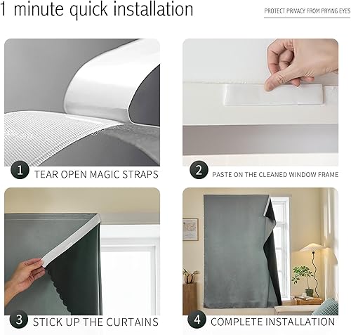 Miniatura 4 de Cinta mágica adhesiva en cortinas portátiles para ventanas, cortinas opacas para dormitorio, cortinas opacas térmicas, sin taladro, oscurecimiento