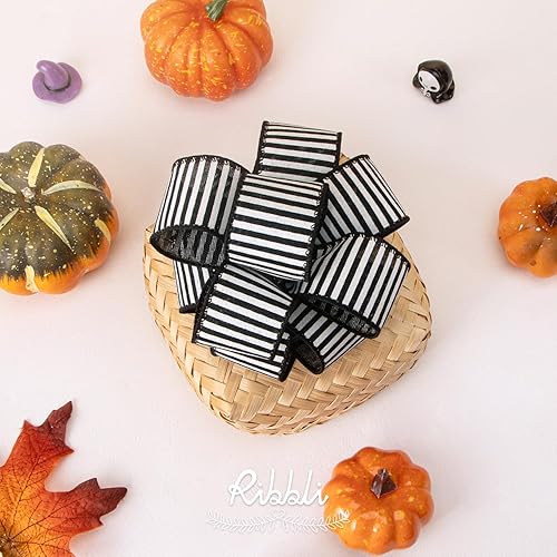Miniatura 2 de Ribbli Cinta con alambre a rayas blancas y negras, 1-12 pulgadas x 10 yardas, cinta de arpillera a rayas estrechas para manualidades, corona,