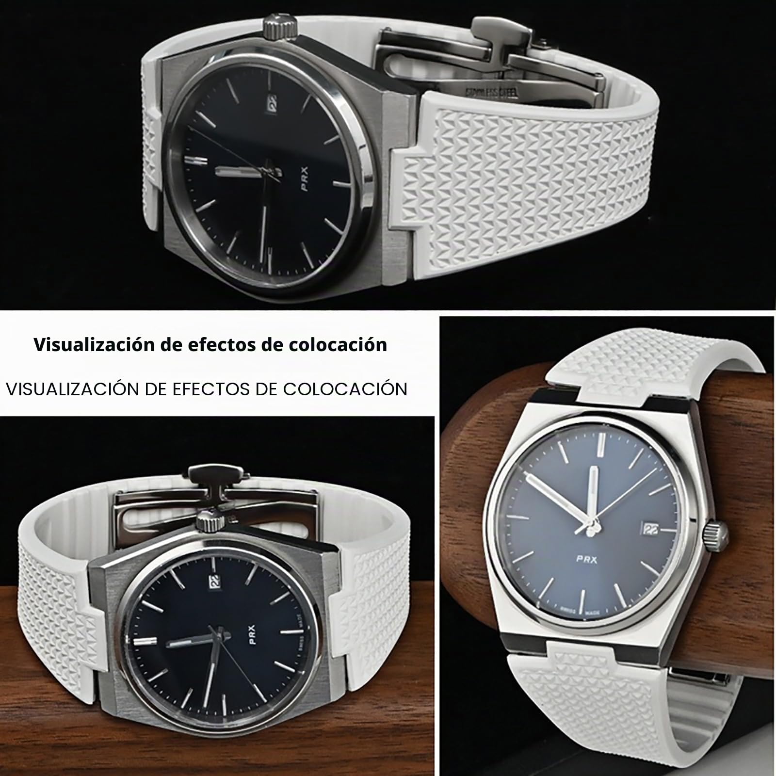 Stanchev Correa para Tissot PRX, correa de cierre plegable de caucho fluorado suave, cortada a tamaño de 11/12 mm, para hombres y mujeres, correas de repuesto para reloj Tissot PRX Series de 35 mm y