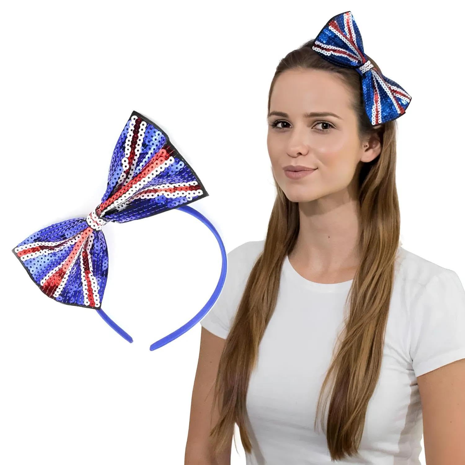 Fascia Per Capelli Basic Sense Union Jack | Fiocco Con Paillettes Scintillanti | Bandiera Regno Unito | Accessorio Moda Donna E Ragazza | Taglia Unica Regolabile