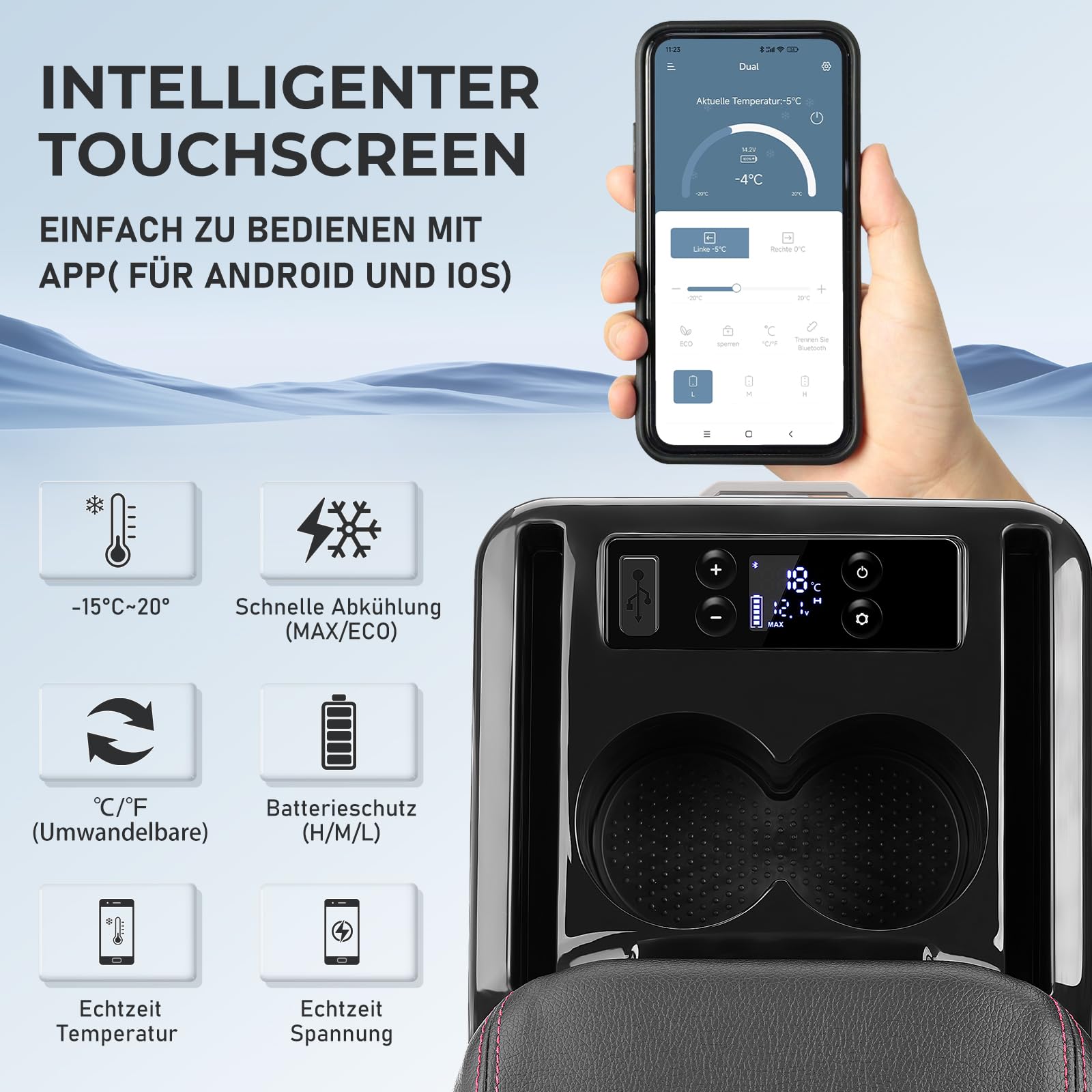 Kompressor Kühlbox 15L inkl. Montageplatte, Mittelkonsole Gefrierbox mit APP-Steuerung, Elektrisch Kühlschrank, 12V/24V DC 220-240V AC, Multifunktionale Mittelkonsole, -15°C bis 20°C für Auto Lkw Boot