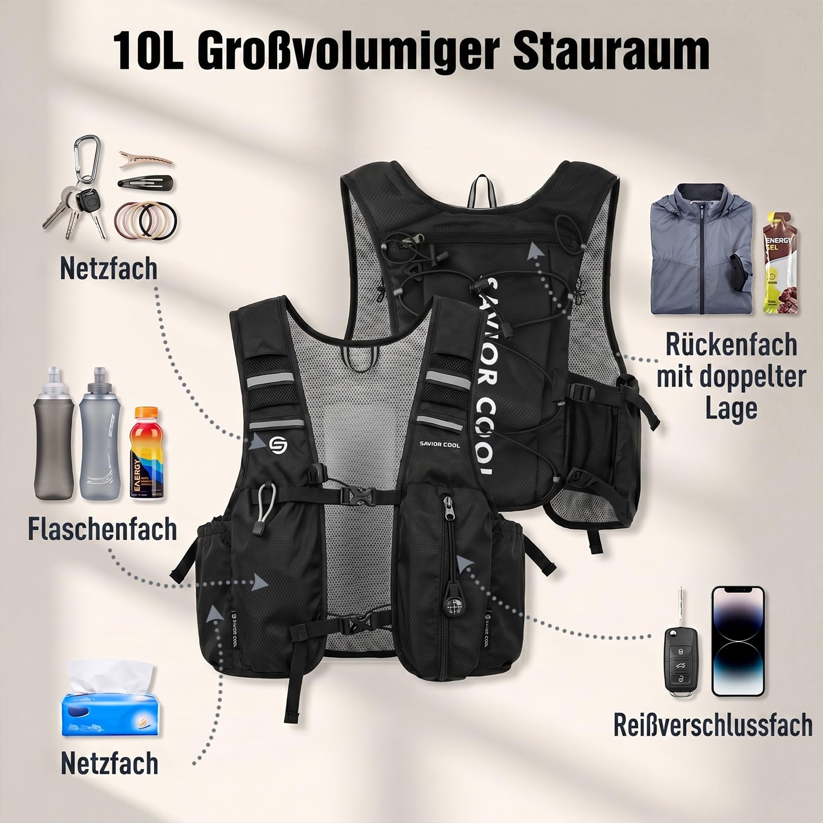 Kühlende Laufweste mit Trinkblase 2L, 10L Trinkrucksack, 3 Kühlpacks, 180 Min Kühlsystem, Reflektierend, für Damen und Herren | 2 l Wasserblase, 3 Kältequellen