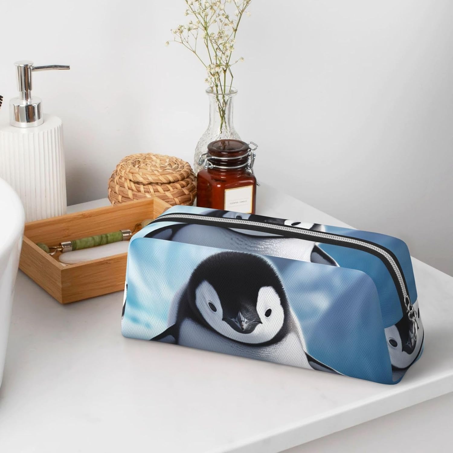 Leather Pencil Case Cute Zipper Pencil Pouch Pen Bag Multifunctional Travel Makeup Cosmetic Bag Cute Penguins Baby Taking Key Pouch For Women Men Work Office image 5