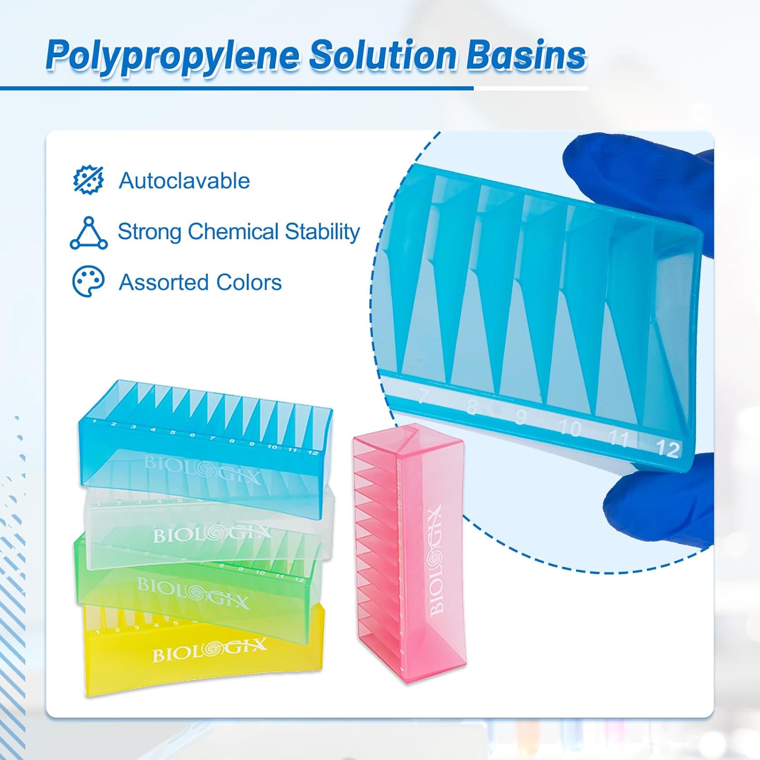 50ml Polypropylene Reagent Reservoir, 12-Channel Basins, 100 Pcs Bulk Wrapped Reagent Tank, Assorted Colors Solution Basins