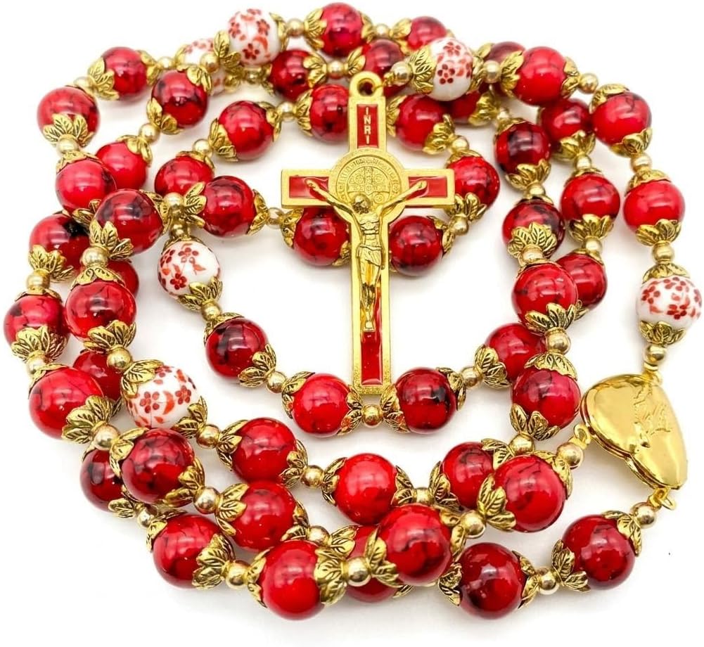 Nazareth Store Saint Benedict 10mm Glass Rosary Beads Catholic Necklace Flowers Mystery Bead Miraculous Medal Locket Cross Prayer Rosarios Catolicos