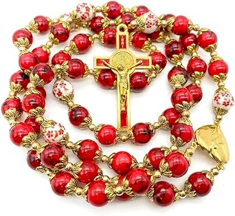 Nazareth Store Saint Benedict 10mm Glass Rosary Beads Catholic Necklace Flowers Mystery Bead Miraculous Medal Locket Cross Prayer Rosarios Catolicos