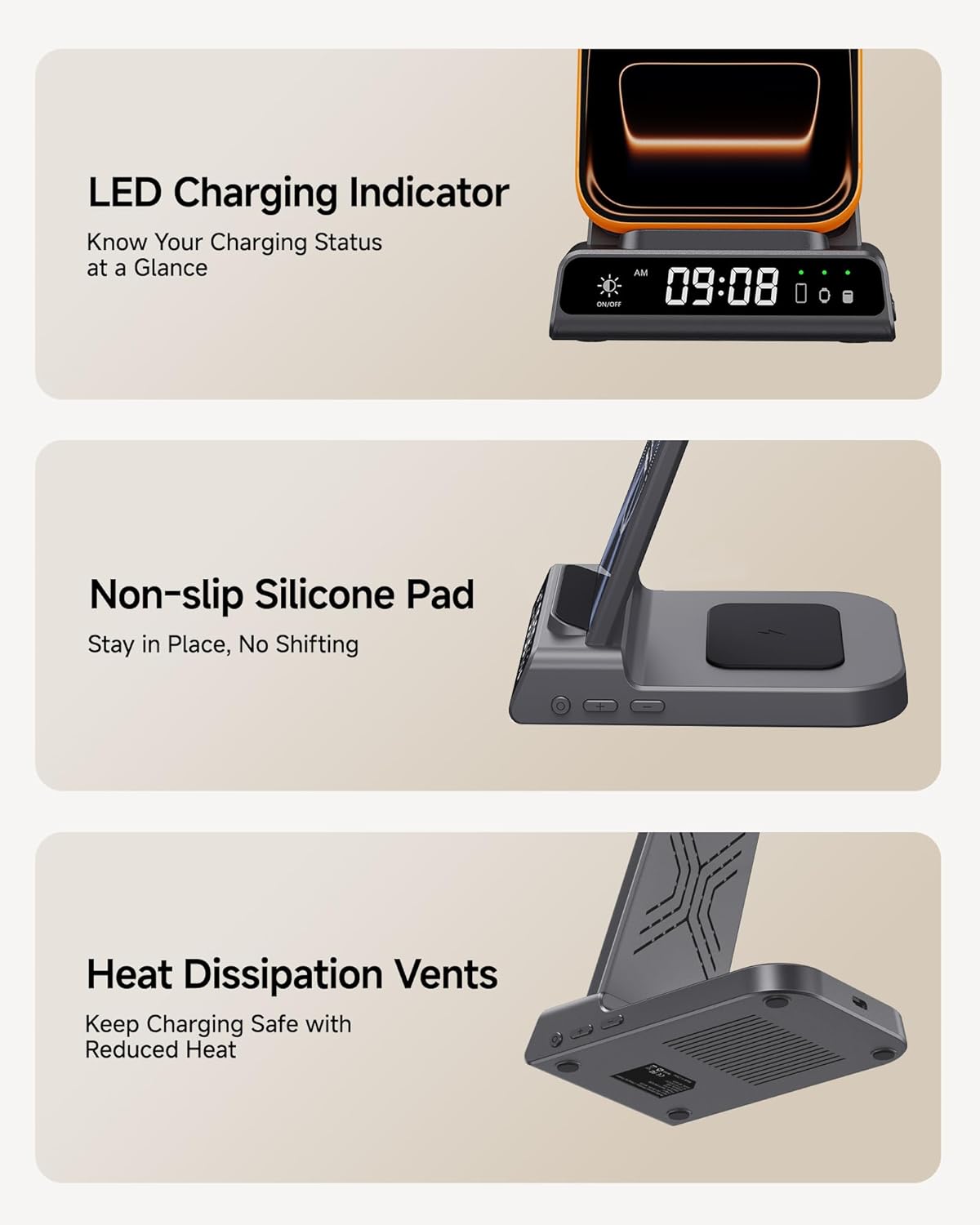 Fitbit Charger Stand for Fitbit Versa 4/3/Sense 2/1/Ace LTE, 3 in 1 Wireless Charging Station for iPhone Air/17/16/15/14, for Samsung S25/S24/S23, Wireless Charger for Earbuds, SwanScout C01FB