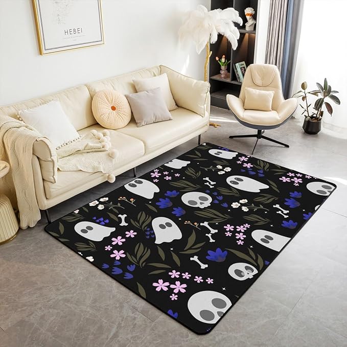 Feelyou Halloween Theme Living Room Rugs for Bedroom Area Rug 3x5 Kids Cute Ghost Sugar Skull Decor Carpet for Boys Girls Teens Kawaii Bone Flower Floral Indoor Floor Mat Room Decor
