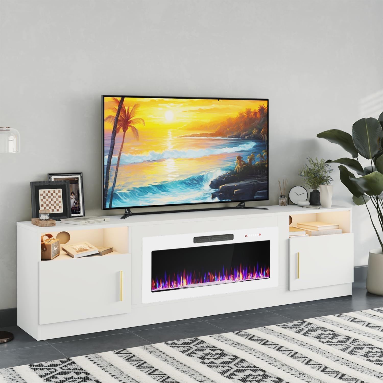 PRETZI Fireplace TV Stand with 36" Fireplace Up to 90" TVs, 80" Entertainment Center with LED Lights, Remote Control, TV Media Console with Storage Cabinets for Living Room, White+White