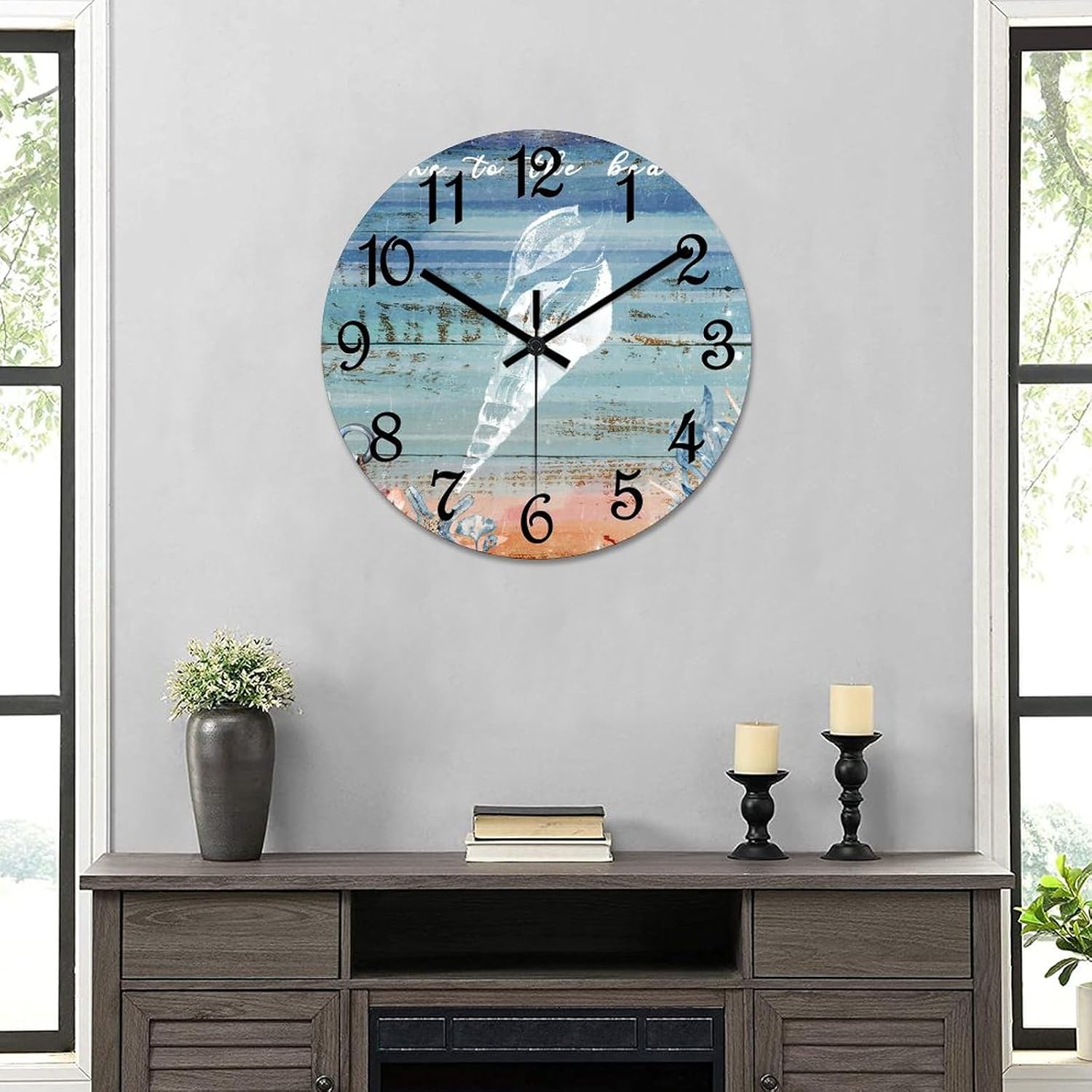 Gone to The Beach Wood Wall Clock Beach Ocean Theme Shells Numeral Clocks 12in Silent Non-Ticking Battery Operated Funny Round Wall Clock Decoration for Home Living Room Bedroom