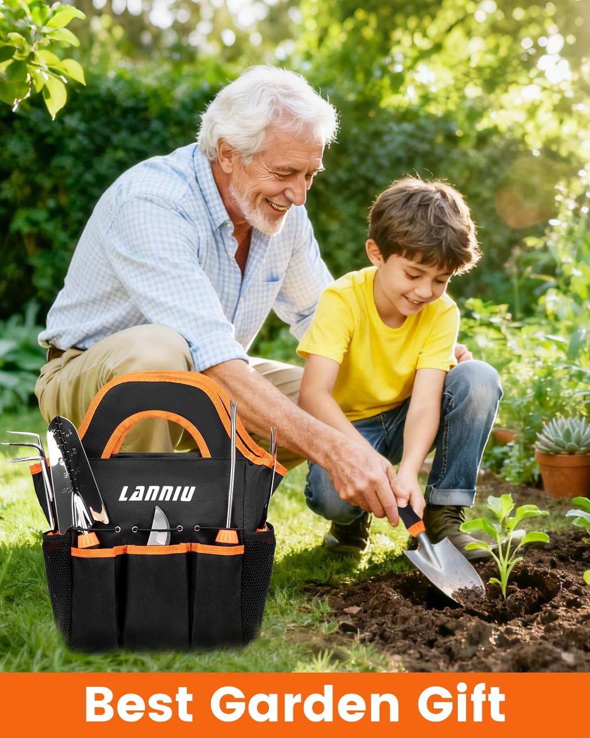 Garden Tool Set - 7 Piece Heavy Duty Stainless Steel Gardening Hand Tools with Floral Tote Bag, Non-Slip Rubber Grip, Gardening Kit Gifts for Women Mom