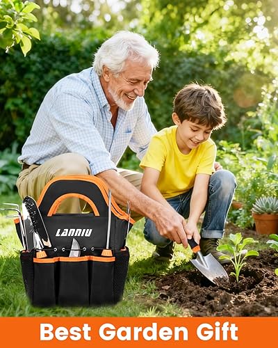 Miniatura 7 de Juego de herramientas de jardín de 9 piezas de acero inoxidable resistente, con agarre de goma antideslizante, bolsillo de almacenamiento, kit de