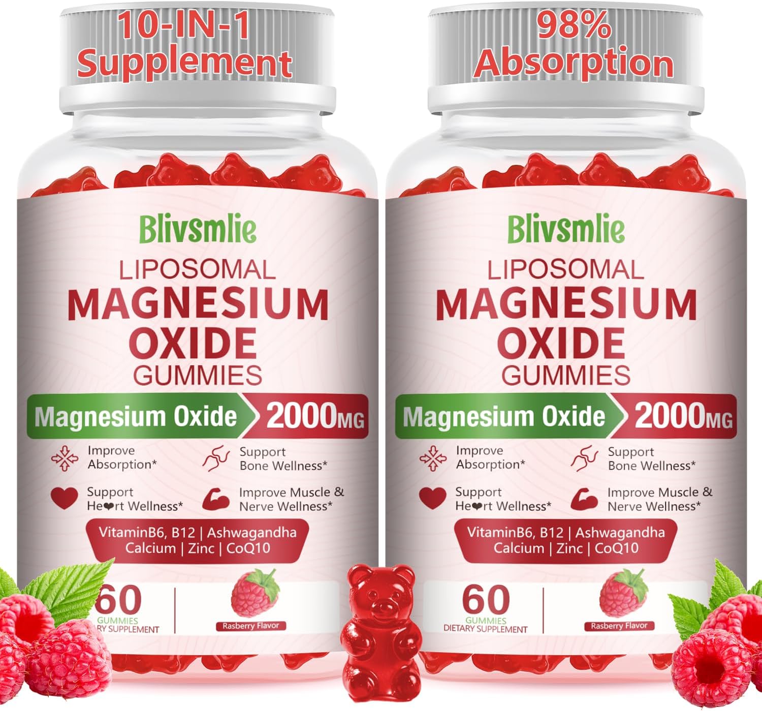 2 Pack Liposomal Magnesium Oxide Gummies 2000mg Complex Ashwagandha,CoQ10, L-Theanine, L-5-MTHF, Methyl B12, Zinc for Sleep & Energy,Stress Relief,Heart Health,Neuro Support