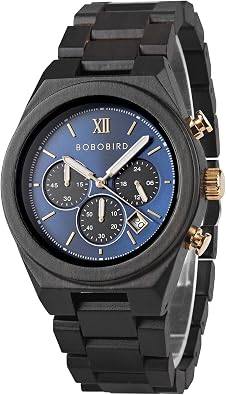 BOBO BIRD Wooden Watch for Men, Chronograph Multifunctional Wristwatch, Ebony, Oak, Zebrawood, Walnut, Lightweight Design, Wooden Gift Box Packaging