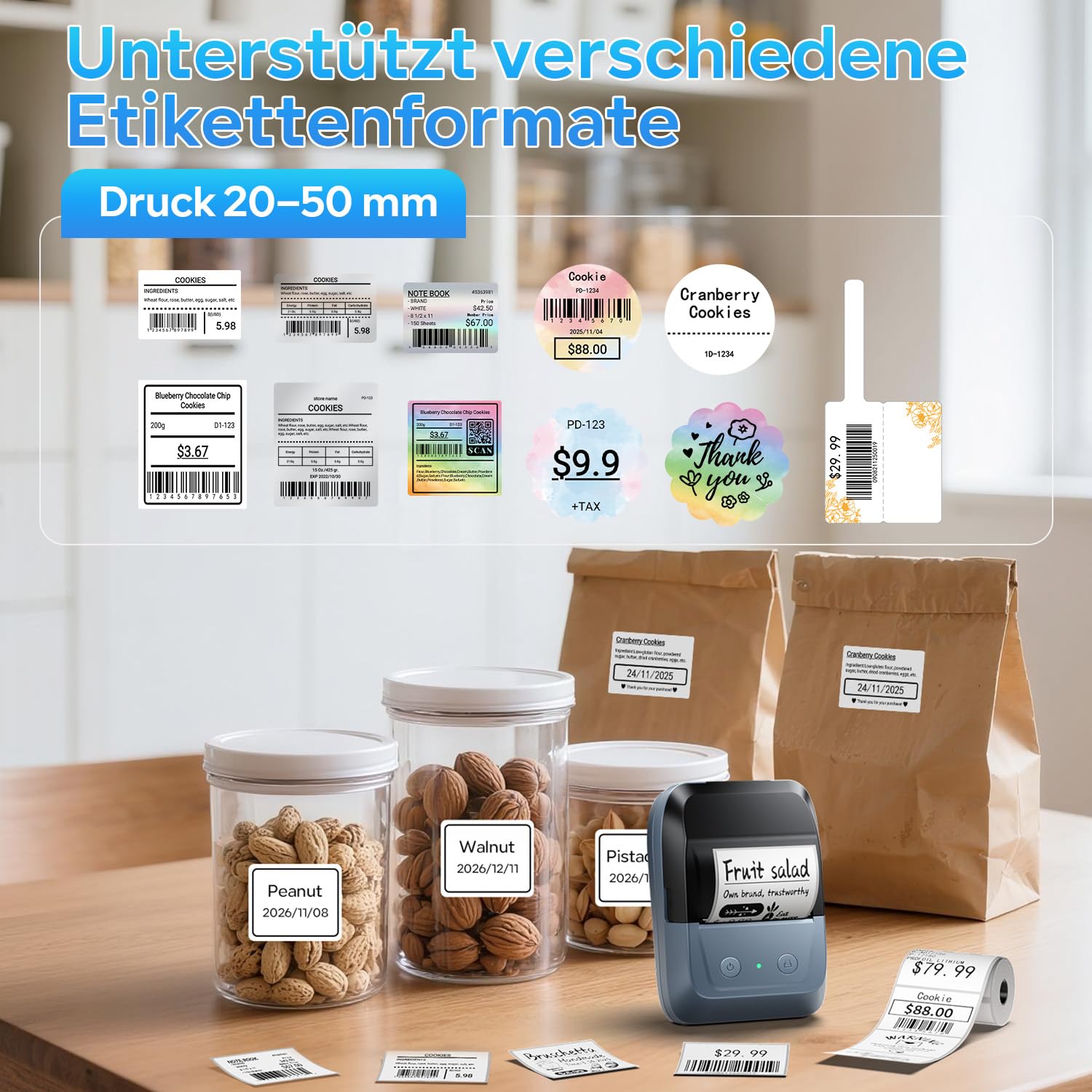 Memoking Etikettendrucker, Etikettendrucker Selbstklebend Barcode Etikettendrucker für Einzelhandel, Büro und Zuhause Kompatibel mit iOS und Android für Heim, Büro