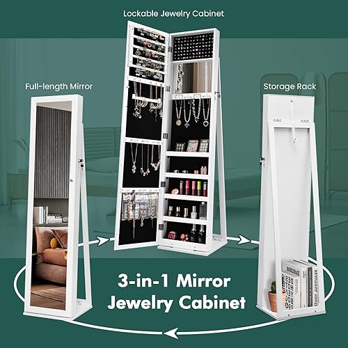 Miniatura 5 de LOKO Gabinete de joyería con cerradura, organizador de maquillaje de gran capacidad con espejo de cuerpo entero, espejo de maquillaje integrado, 5