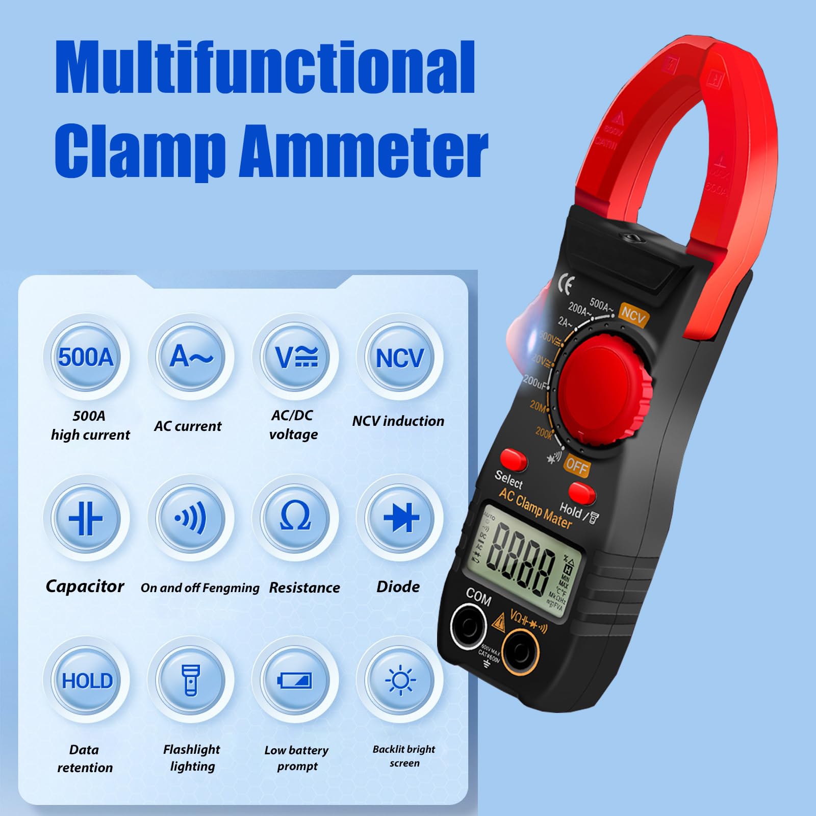 Pinza Amperometrica AC/DC CAT III 600V, True-RMS 2000 Contatori, Misuratore di Corrente 0-500A