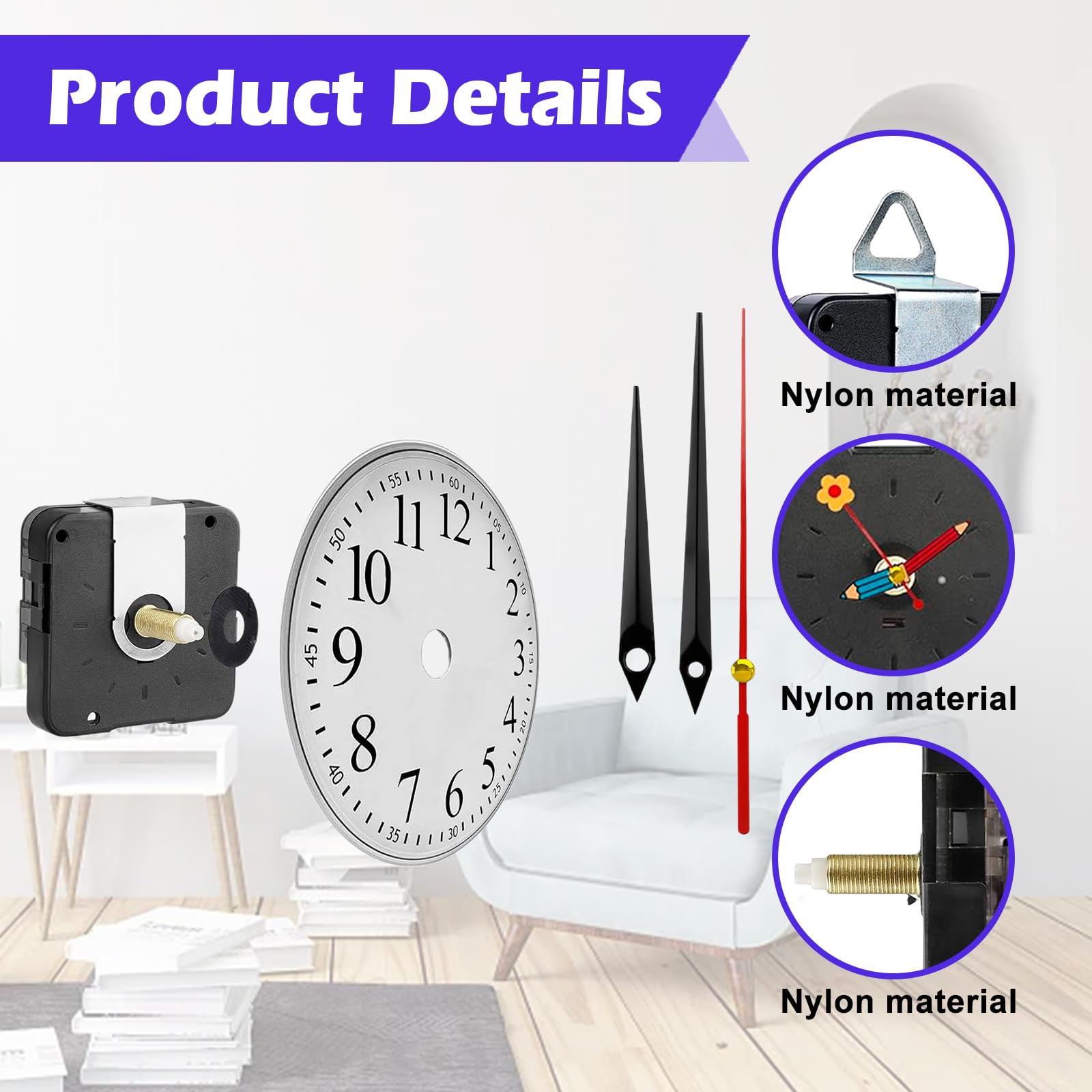 Sporgo 7 Piezas Mecanismo Reloj De Pared: Silencioso Cuarzo Mecanismo con 10 Pares de Manecillas, Mecanismo Reloj para DIY Reparación Reemplazo de Piezas (13/15/17mm)