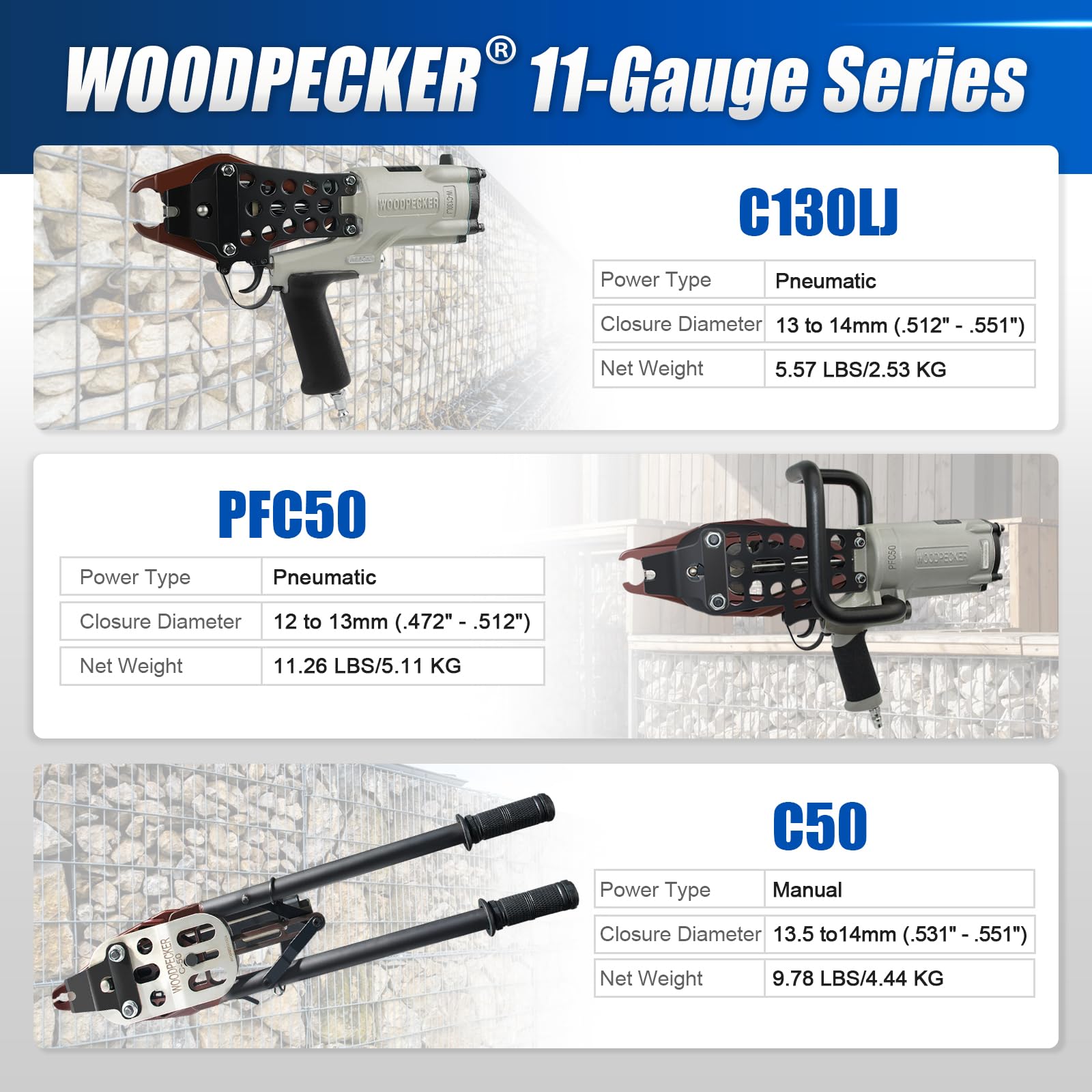 Grapadora neumática de anillo de cerdo de calibre 11 de Woodpecker C130L, diámetro de cierre de 1314 mm, corona de 1 12 pulgadas, pistola de anillo C ligera y potente para esgrima de fronteras,