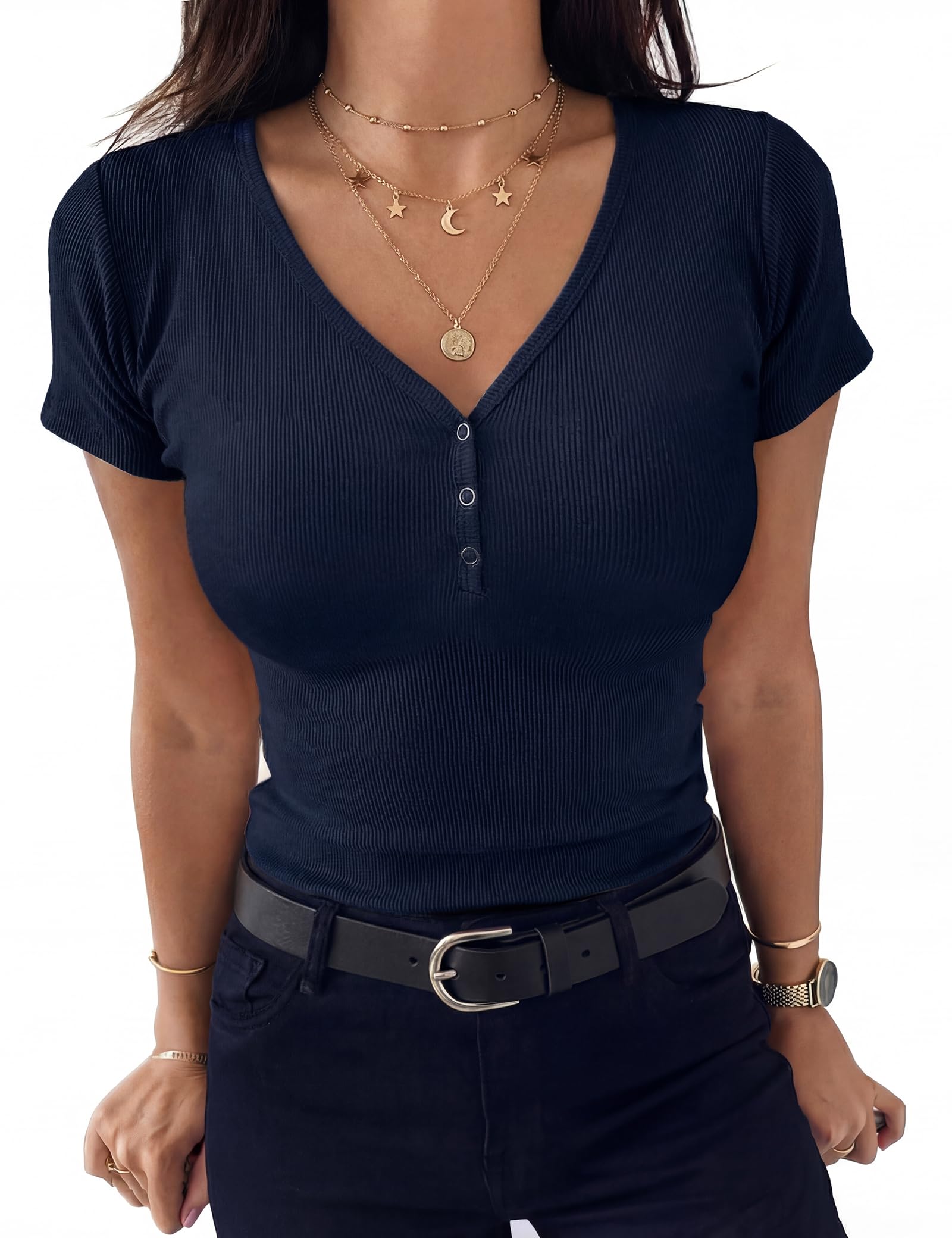 Aottori Damen T-Shirt V-Ausschnitt mit Knöpfen Sommer Oberteile Kurzarm Gerippt Basic Tee Shirts Elegant Slim Fit Tshirt Stretch Casual Tops Einfarbig