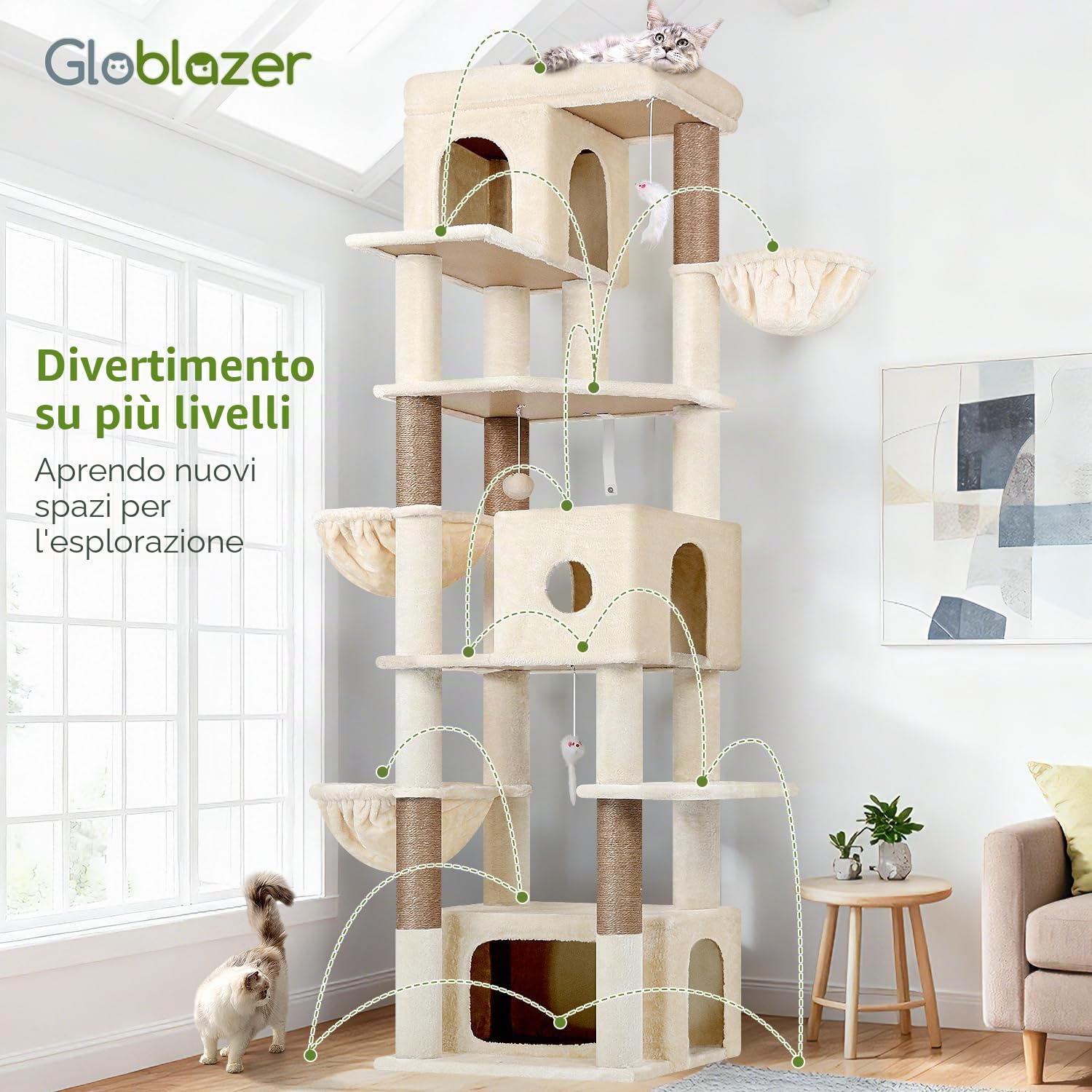 Globlazer Tiragraffi Beige XXL Alto 204 cm con 3 Grotte, 2 Grande Trespoli, 3 Morbido Cestini, Torre del Gatto Stabile per 3-5 Grandi Gatti Adulti Gatto Giocare Graffiare Interno (F80F, Beige)