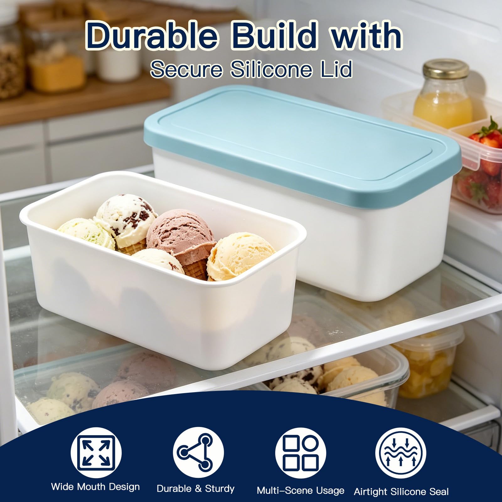 2 recipientes rectangulares para helados con tapas, 2 litros, reutilizables, para sorbetes, yogur, postres, sin BPA