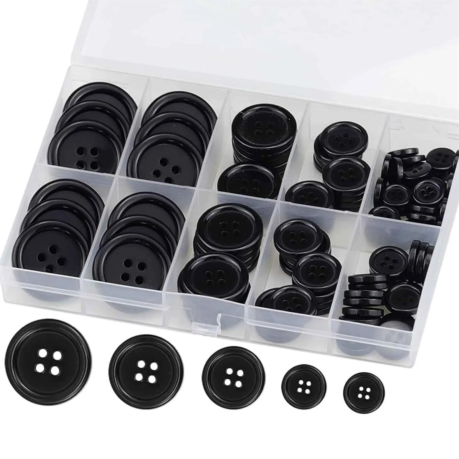 Knöpfe, 100 Kunstharz-Nähknöpfe, mehrfarbig, mehrere Größen, 4 Löcher, rund, for Kleidungsstücke, DIY-Handwerk(Black)